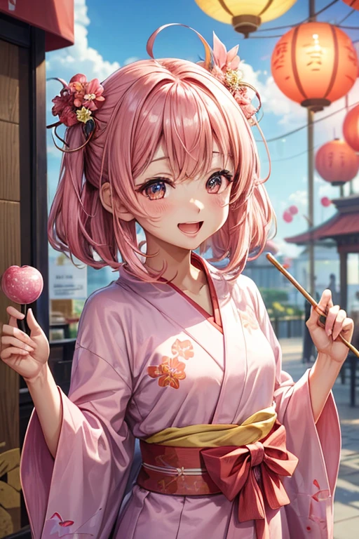 A woman wearing a yukata,hair_pink,Medium Hair,お団子のhair型,hair飾り,巻きhair,pinkの目,pinkの浴衣_Floral,laughing,Mouth wide open,A very happy smile,Happy look,I have apple candy,Summer festival,firework,blush,Small ,,clear,,flat chest