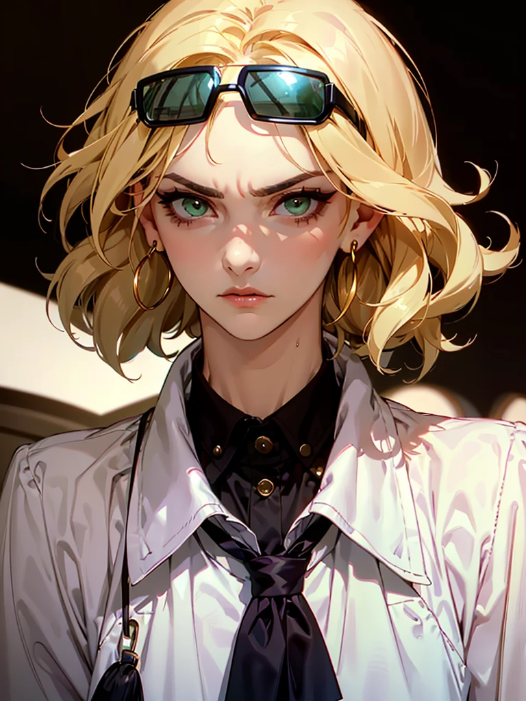 ((Portrait Photo)), She has a Childish Platinum-Blonde-Haired Appearance, with a Small and Slim Build, and a  Figure. She has Striking Emerald Eyes, and Expresses an Indifferent and Lazy Look, Giving Off a Unyielding Face. Her Hair is Short and Wavy, with Strands Falling Over Her Forehead. She is wearing edgdlf High-Fashion Shirt, Accompanied by Fashion Sunglasses. ((Portrait Photo, Dark Background))