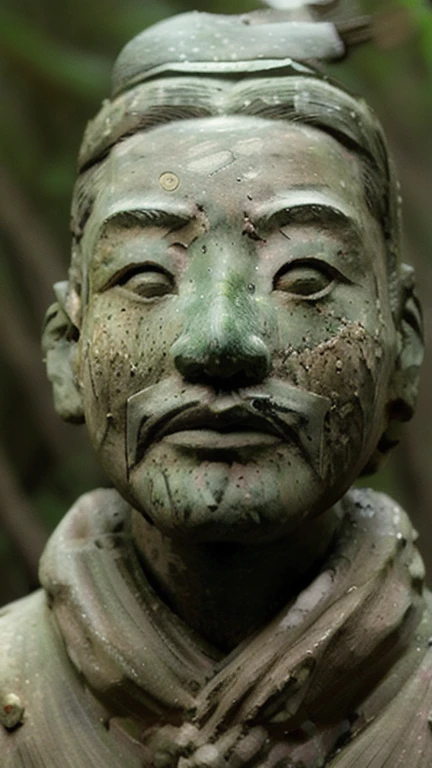 A Jizo statue with a scary face in the forest,Moss growing,(Forest Background:1.4),Diagonal orientation,View your viewers,