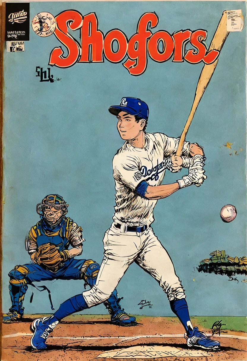 Shohei Ohtani、Left bat、Dodgers、batting stance、Vintage comic book with title text: "SHO TIME"