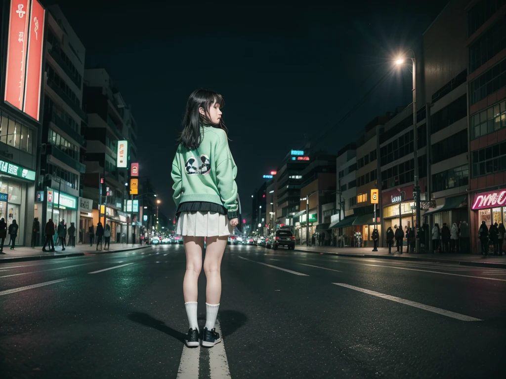 City landscape combination of Mexico and Japan modern avenue anime night neon lights, an anime girl alone in the middle of the street with her back covered in a dark flag green cardigan sweater, gray knee length skirt, high white socks and black shoes