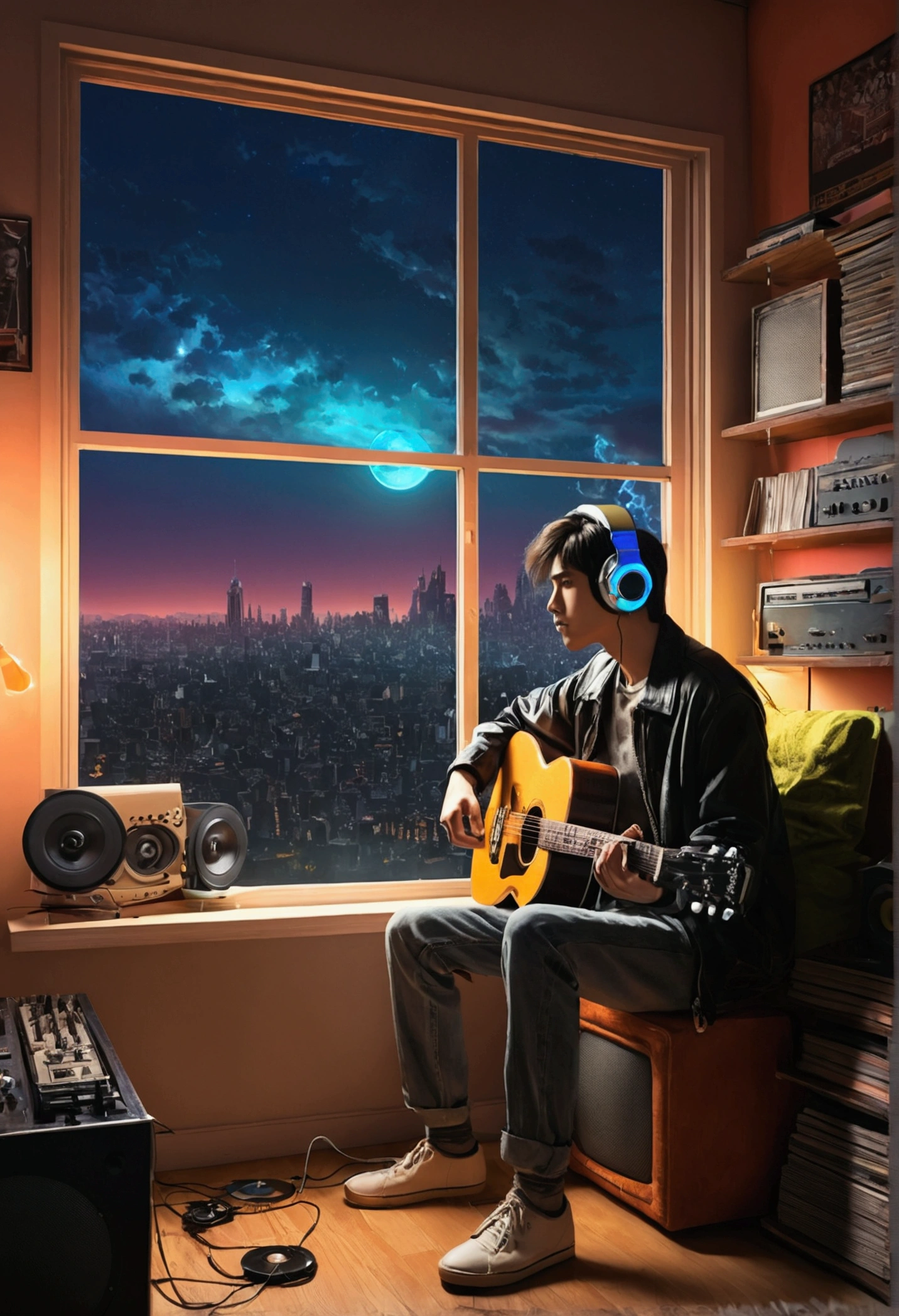 Photo of a man wearing headphones and listening to music, Text Why you??, Super detailed, Vintage Wave, cyber punk, sad mood, Bright light coming through the window, nightの風景, One Bedroom, 2D, (Shot from a distance), Wide Shot, (Noise from the film), Old cartoons, (Many records: 1.3), vinyl record store, (masterpiece, Very high quality, Very high quality, Official Art, beautifully、beautiful: 1.2), (Very detailed, (Fractal Art: 1.4 ), guitar, (Note: 1.4), (Lo-fi Hip Hop), Side view, Old Anime Texture, alone, speaker, cyber punk, vinyl, night