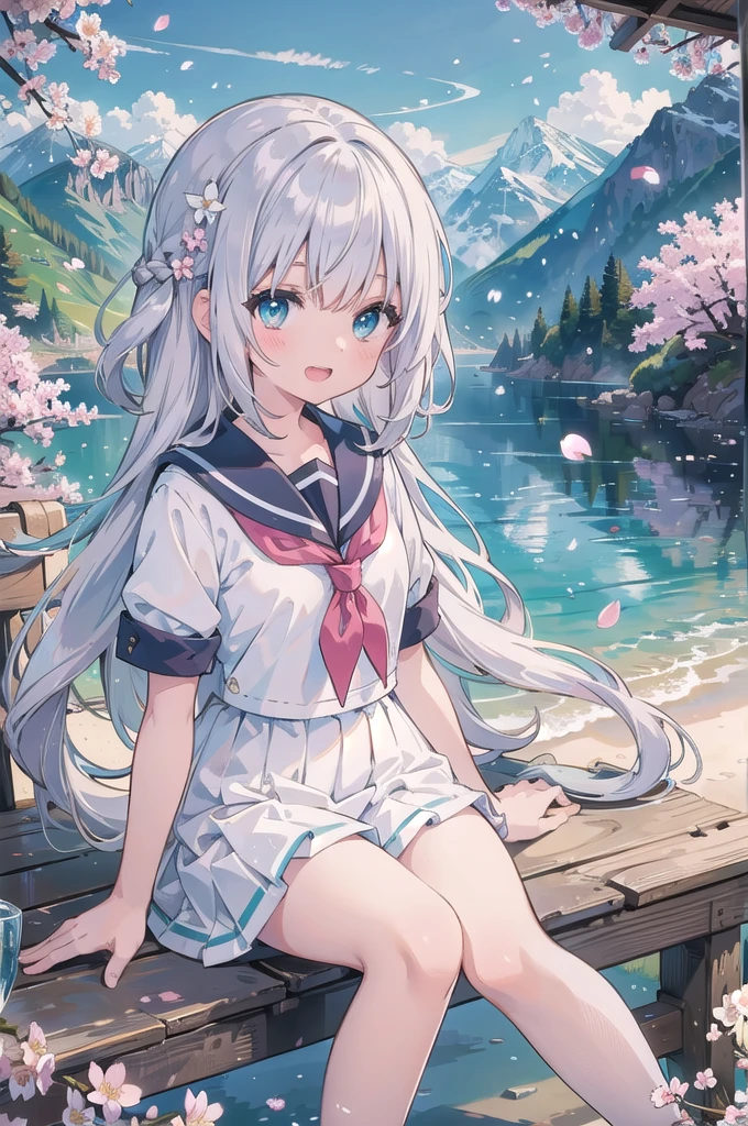 (masterpiece), scenery, mountainous horizon, cherry blossoms, petals, light particles, upper body, 1girl, sailor, wavy hair, floating hair, smile, sitting, open mouth, light particles, silver hair, aqua eyes, looking at viewer, face focus