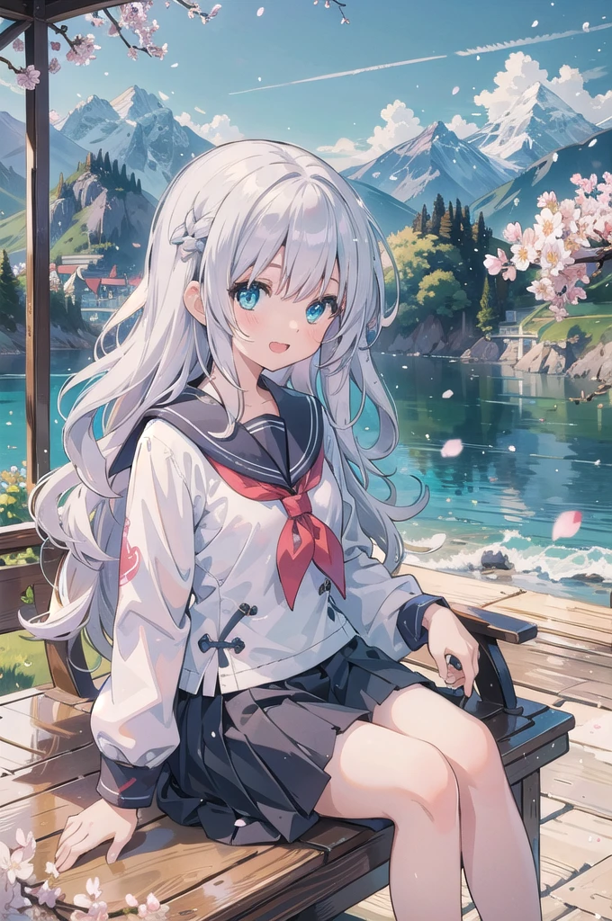 (masterpiece), scenery, mountainous horizon, cherry blossoms, petals, light particles, upper body, 1girl, sailor, wavy hair, floating hair, smile, sitting, open mouth, light particles, silver hair, aqua eyes, looking at viewer, face focus