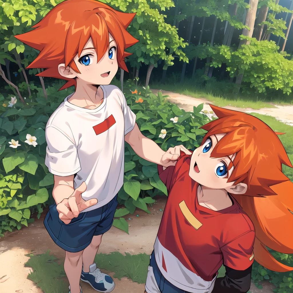 best quality, masterpiece, highres, detailed, perfect anatomy,  ChrisT, red t-shirt with white sleees, orange hair, spiked hair, blue eyes,  happy, outdoors, male ,