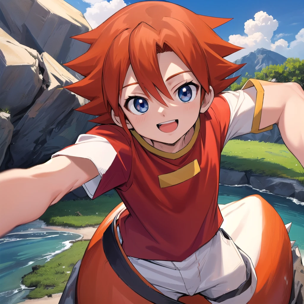 best quality, masterpiece, highres, detailed, perfect anatomy,  ChrisT, red t-shirt with white sleees, orange hair, spiked hair, blue eyes,  happy, outdoors, male ,