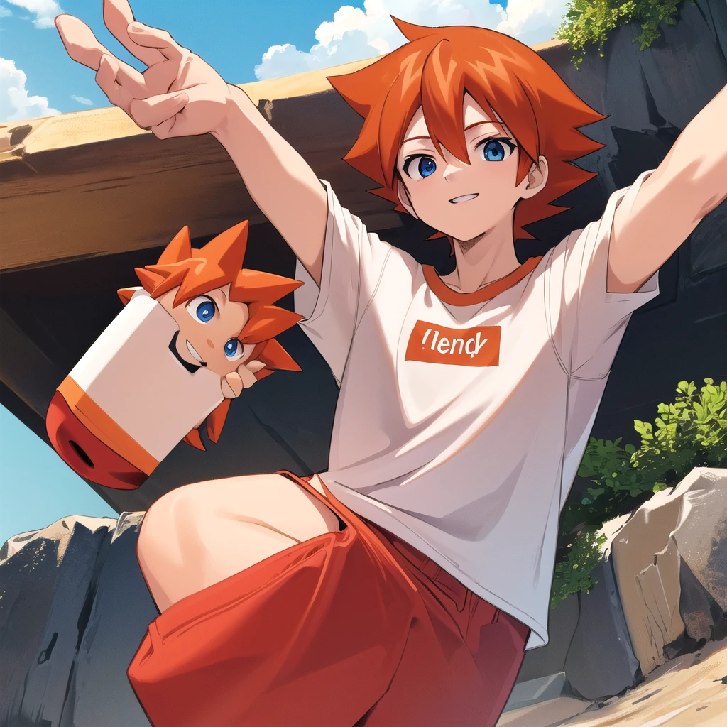 best quality, masterpiece, highres, detailed, perfect anatomy,  ChrisT, red t-shirt with white sleees, orange hair, spiked hair, blue eyes,  happy, outdoors, male ,