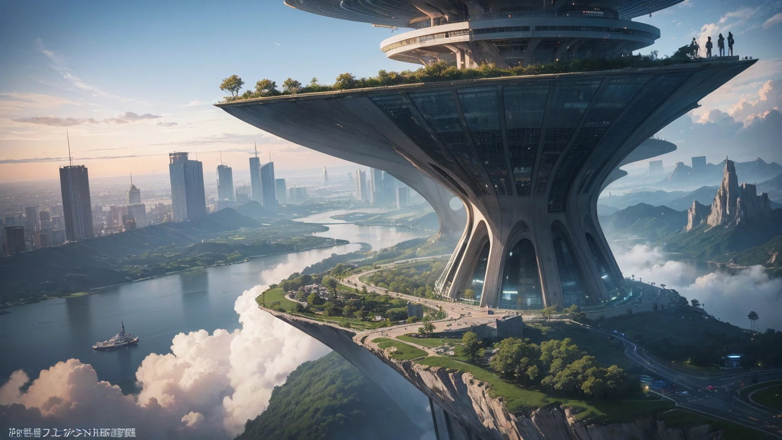 (Best quality,4K,8K,A high resolution,Masterpiece:1.2),Ultra-detailed,(Realistic,Photorealistic,photo-realistic:1.37),Futuristic floating city,Futuristic technology,Huge urban high-tech tablet platform,Airship,Floating in the sky,Futuristic city,Small airships around,High-tech hemispherical platform,Colorful lights,Advanced architecture,modernn architecture,skyscrapper,Access the cloud,Scenic beauty,view over city,Impressive design,Blend seamlessly with nature,energetic and vibrant atmosphere,Futuristic transportation system,Parking is suspended,Transparent path,Lush greenery,Sky gardens,cascading waterfalls,Magnificent skyline,reflections on the water,Sparkling river,Architectural innovation,futuristic skyscrapers,Transparent dome,The shape of the building is unusual,Elevated walkway,Impressive skyline,Glowing lights,Futuristic technology,Minimalist design,Scenic spots,Panoramic view,Cloud Piercing Tower,Vibrant colors,epic sunrise,epic sunset,Dazzling light display,magical ambiance,The future city,Urban Utopia,LuxuryLifestyle,Innovative energy,sustainable development,Smart city technology,Advanced infrastructure,Tranquil atmosphere,Nature and technology live in harmony,Awesome cityscape,Unprecedented urban planning,Architecture connects seamlessly with nature,High-tech metropolis,A cutting-edge engineering marvel,The future of urban living,Visionary architectural concept,Energy-efficient buildings,Harmony with the environment,A city floating above the clouds,Utopian dreams become reality,The possibilities are endless,State-of-the-art transportation network,Green energy integration,Innovative materials,Impressive holographic display,Advanced communication system,Breathtaking aerial view,Quiet and peaceful environment,Modernist aesthetics,Ethereal beauty