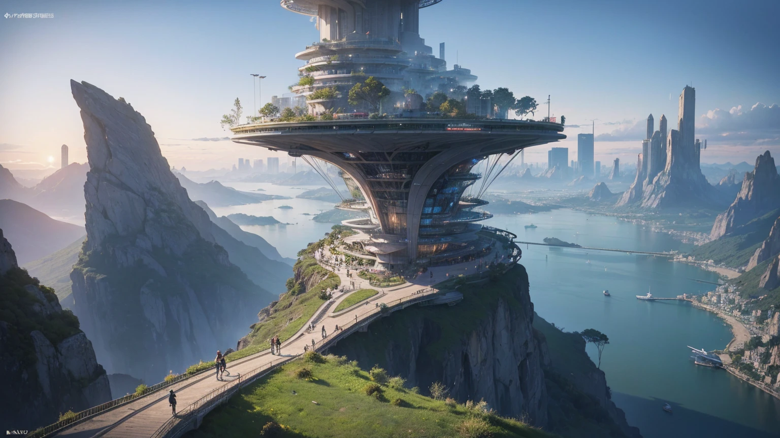 (Best quality,4K,8K,A high resolution,Masterpiece:1.2),Ultra-detailed,(Realistic,Photorealistic,photo-realistic:1.37),Futuristic floating city,Futuristic technology,Huge urban high-tech tablet platform,Airship,Floating in the sky,Futuristic city,Small airships around,High-tech hemispherical platform,Colorful lights,Advanced architecture,modernn architecture,skyscrapper,Access the cloud,Scenic beauty,view over city,Impressive design,Blend seamlessly with nature,energetic and vibrant atmosphere,Futuristic transportation system,Parking is suspended,Transparent path,Lush greenery,Sky gardens,cascading waterfalls,Magnificent skyline,reflections on the water,Sparkling river,Architectural innovation,futuristic skyscrapers,Transparent dome,The shape of the building is unusual,Elevated walkway,Impressive skyline,Glowing lights,Futuristic technology,Minimalist design,Scenic spots,Panoramic view,Cloud Piercing Tower,Vibrant colors,epic sunrise,epic sunset,Dazzling light display,magical ambiance,The future city,Urban Utopia,LuxuryLifestyle,Innovative energy,sustainable development,Smart city technology,Advanced infrastructure,Tranquil atmosphere,Nature and technology live in harmony,Awesome cityscape,Unprecedented urban planning,Architecture connects seamlessly with nature,High-tech metropolis,A cutting-edge engineering marvel,The future of urban living,Visionary architectural concept,Energy-efficient buildings,Harmony with the environment,A city floating above the clouds,Utopian dreams become reality,The possibilities are endless,State-of-the-art transportation network,Green energy integration,Innovative materials,Impressive holographic display,Advanced communication system,Breathtaking aerial view,Quiet and peaceful environment,Modernist aesthetics,Ethereal beauty