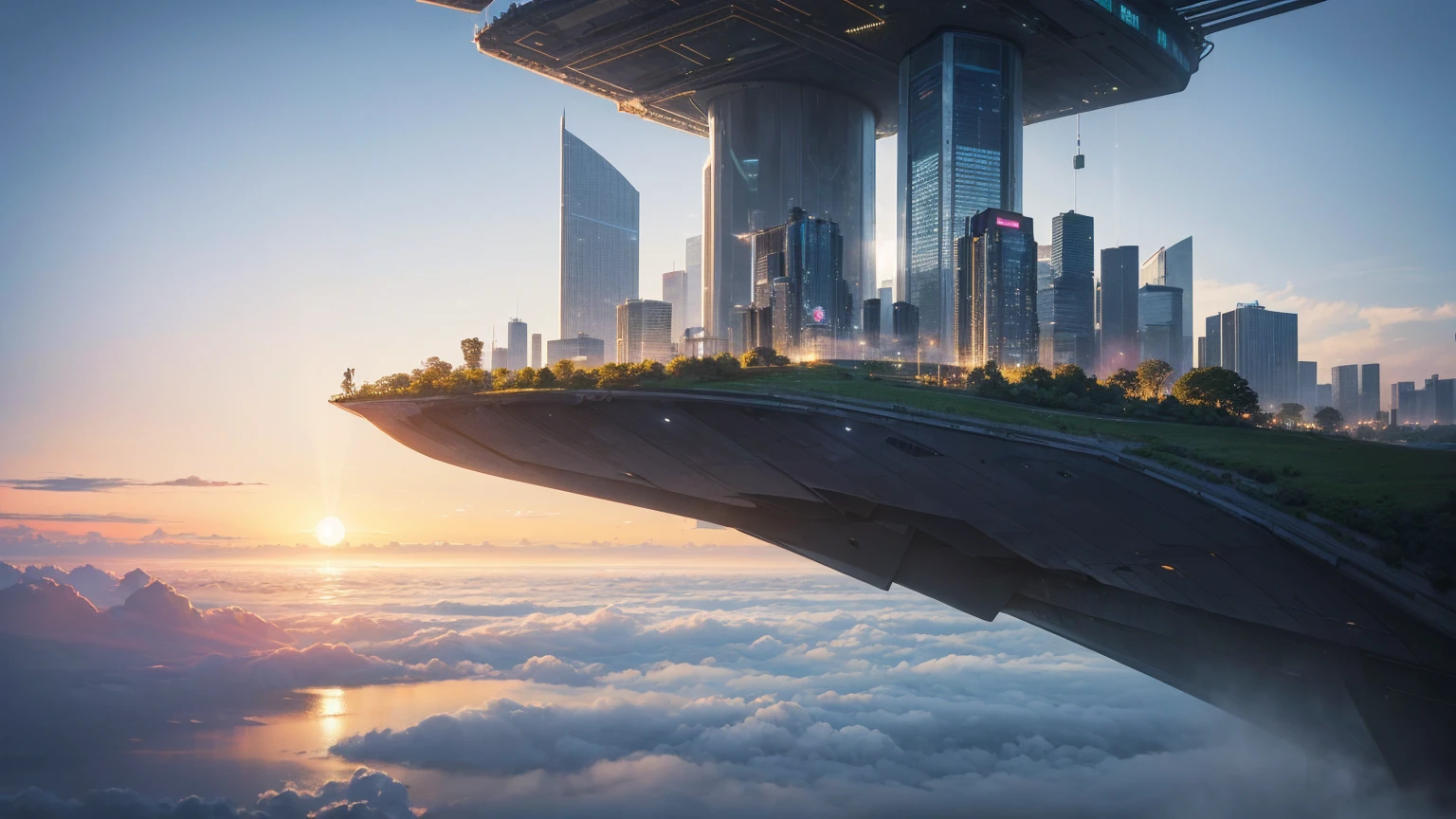 (Best quality,4K,8K,A high resolution,Masterpiece:1.2),Ultra-detailed,(Realistic,Photorealistic,photo-realistic:1.37),Futuristic floating city,Futuristic technology,Huge urban high-tech tablet platform,Airship,Floating in the sky,Futuristic city,Small airships around,High-tech hemispherical platform,Colorful lights,Advanced architecture,modernn architecture,skyscrapper,Access the cloud,Scenic beauty,view over city,Impressive design,Blend seamlessly with nature,energetic and vibrant atmosphere,Futuristic transportation system,Parking is suspended,Transparent path,Lush greenery,Sky gardens,cascading waterfalls,Magnificent skyline,reflections on the water,Sparkling river,Architectural innovation,futuristic skyscrapers,Transparent dome,The shape of the building is unusual,Elevated walkway,Impressive skyline,Glowing lights,Futuristic technology,Minimalist design,Scenic spots,Panoramic view,Cloud Piercing Tower,Vibrant colors,epic sunrise,epic sunset,Dazzling light display,magical ambiance,The future city,Urban Utopia,LuxuryLifestyle,Innovative energy,sustainable development,Smart city technology,Advanced infrastructure,Tranquil atmosphere,Nature and technology live in harmony,Awesome cityscape,Unprecedented urban planning,Architecture connects seamlessly with nature,High-tech metropolis,A cutting-edge engineering marvel,The future of urban living,Visionary architectural concept,Energy-efficient buildings,Harmony with the environment,A city floating above the clouds,Utopian dreams become reality,The possibilities are endless,State-of-the-art transportation network,Green energy integration,Innovative materials,Impressive holographic display,Advanced communication system,Breathtaking aerial view,Quiet and peaceful environment,Modernist aesthetics,Ethereal beauty