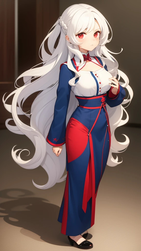 Beautiful Girl, Wavy White Hair, Big Red Eyes, Small Nose, Breasts, Blue Shirt, Looking Foward, Standing Pose, Neutral Face Expression, Hot