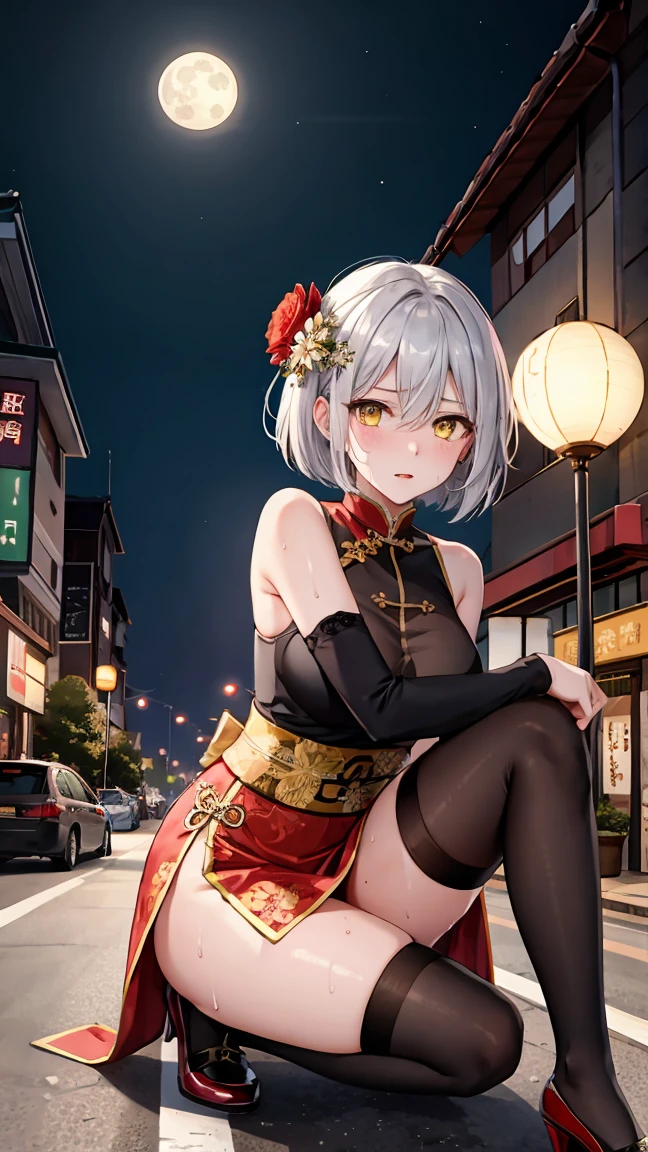 young girl , short silver bob hair, hair flower, sharp bangs between the eyes, yellow eyes, eyes large, provocative look, obscene expression, notable physical features, traditional chinese imperial clothes black with gold details, red skirt, black thigh high socks., half-sided angle, crouched in the street. japanese city, outdoor city, city at night, with full moon in the background, light reflecting on the sexy and swe body. (((sweat))) (work of art:1.2,) (best qualityer.)