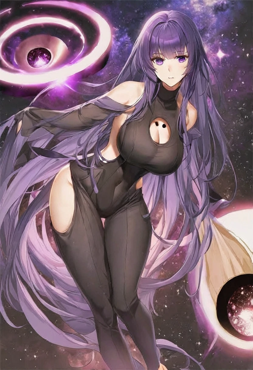 Athena，Purple one-way slightly messy long hair，Purple Eyes，Black one-piece dress，But the jumpsuit is sexy，barefoot，A black hole in the universe，Purple and black black hole，Draw a good look，Normal body proportions