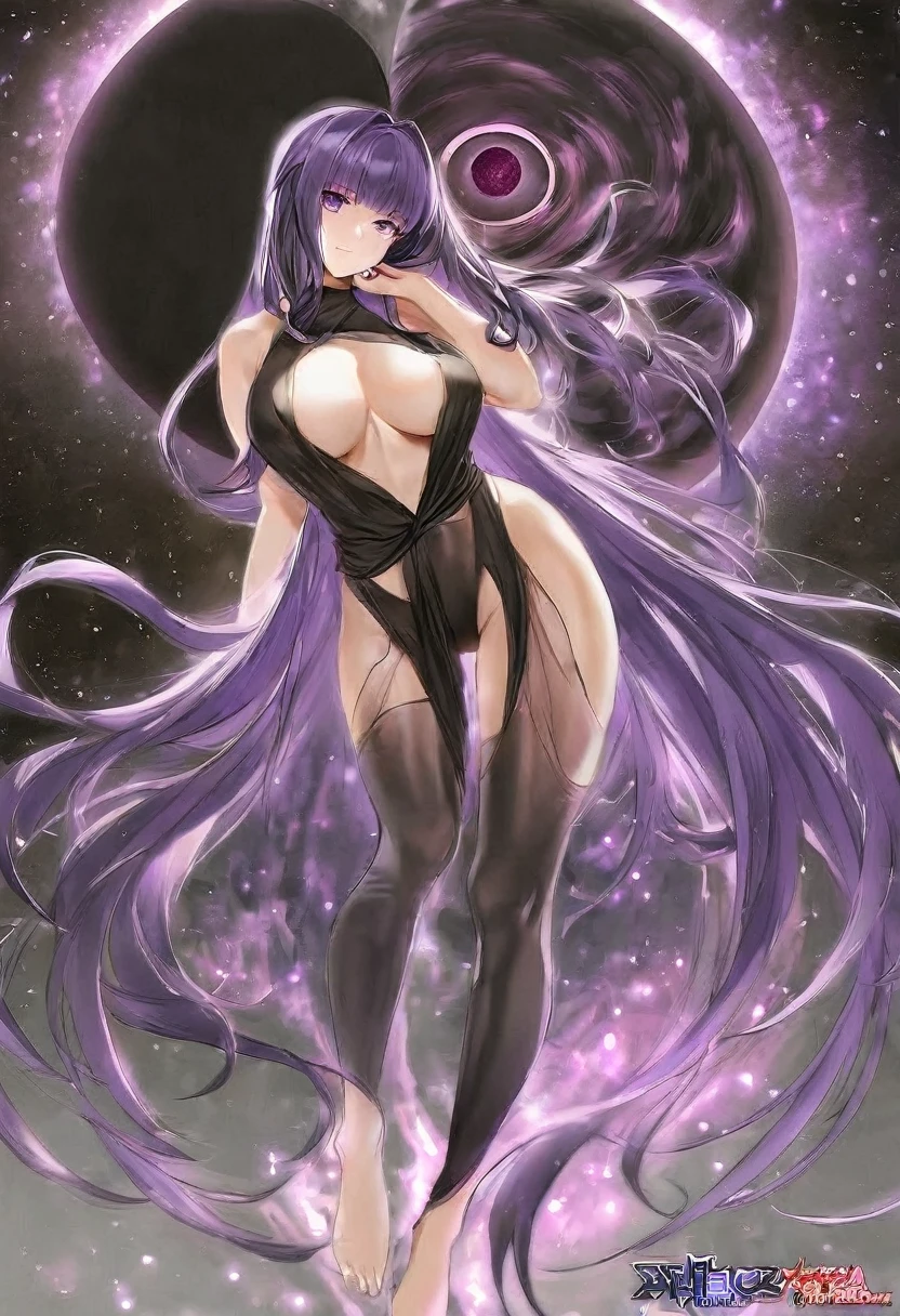 Athena，Purple one-way slightly messy long hair，Purple Eyes，Black one-piece dress，But the jumpsuit is sexy，barefoot，A black hole in the universe，Purple and black black hole，Draw a good look，Normal body proportions