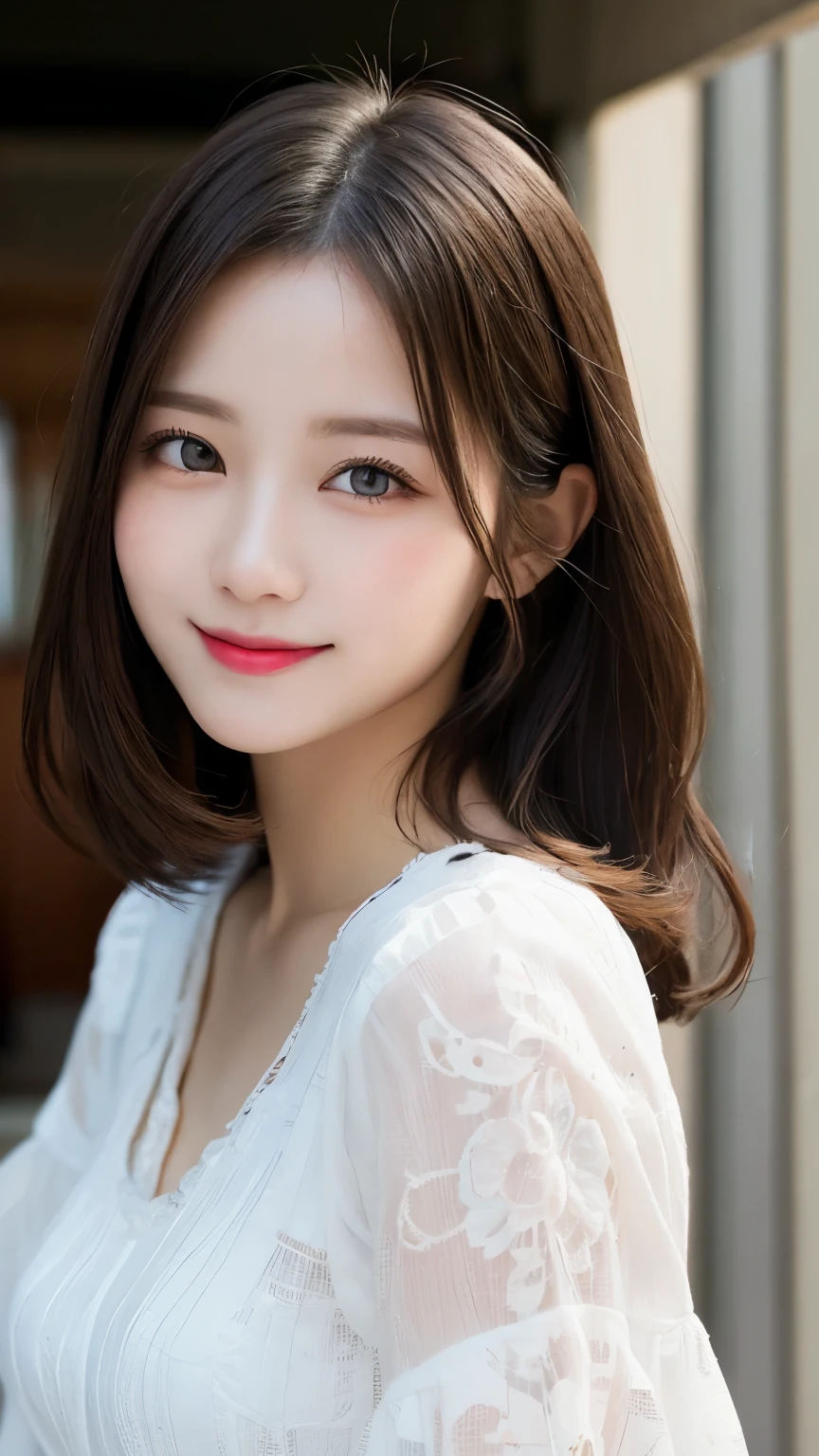 masterpiece, best quality, illustration, ultra-detailed, finely detailed, high resolution, 8K wallpaper, perfect dynamic composition, beautiful detailed eyes, summer blouse setup clothes, medium hair, small breasts, natural color lips, bold sexy poses, smile, Harajuku, 18 years old girl, cute, sexy shot, looking at camera
