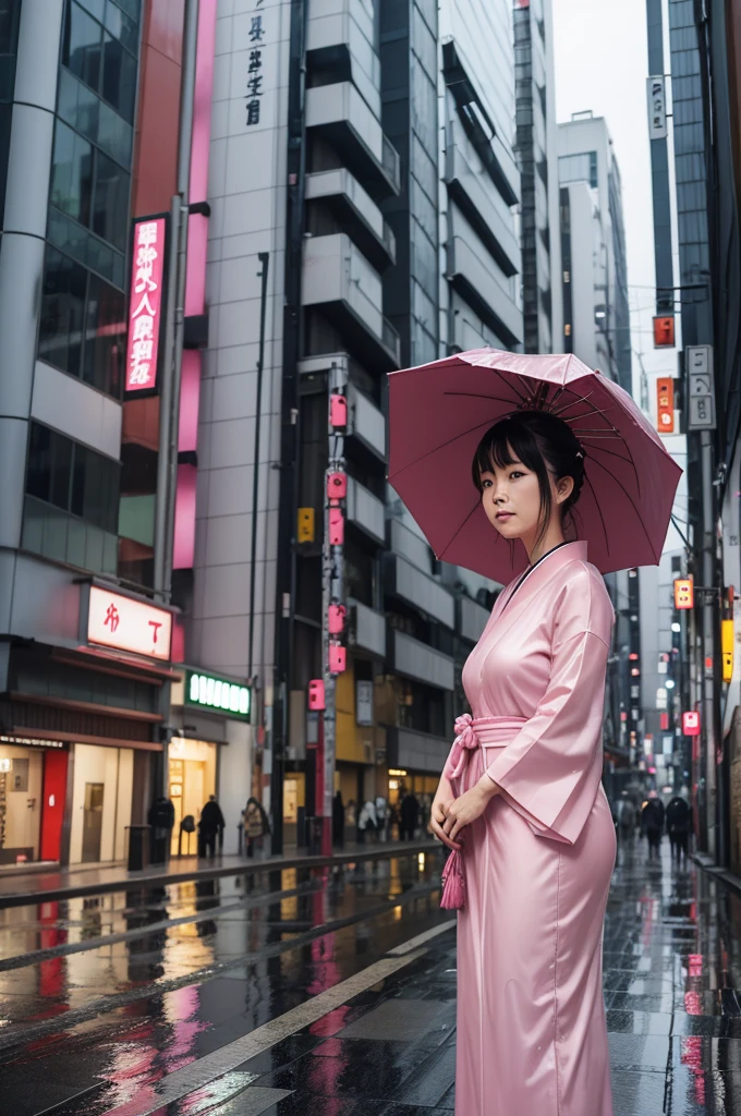 A Japanese woman, na rua de Tokyo, in the rain, with a pink Japanese dress, at the top of the building written the name "Japan"