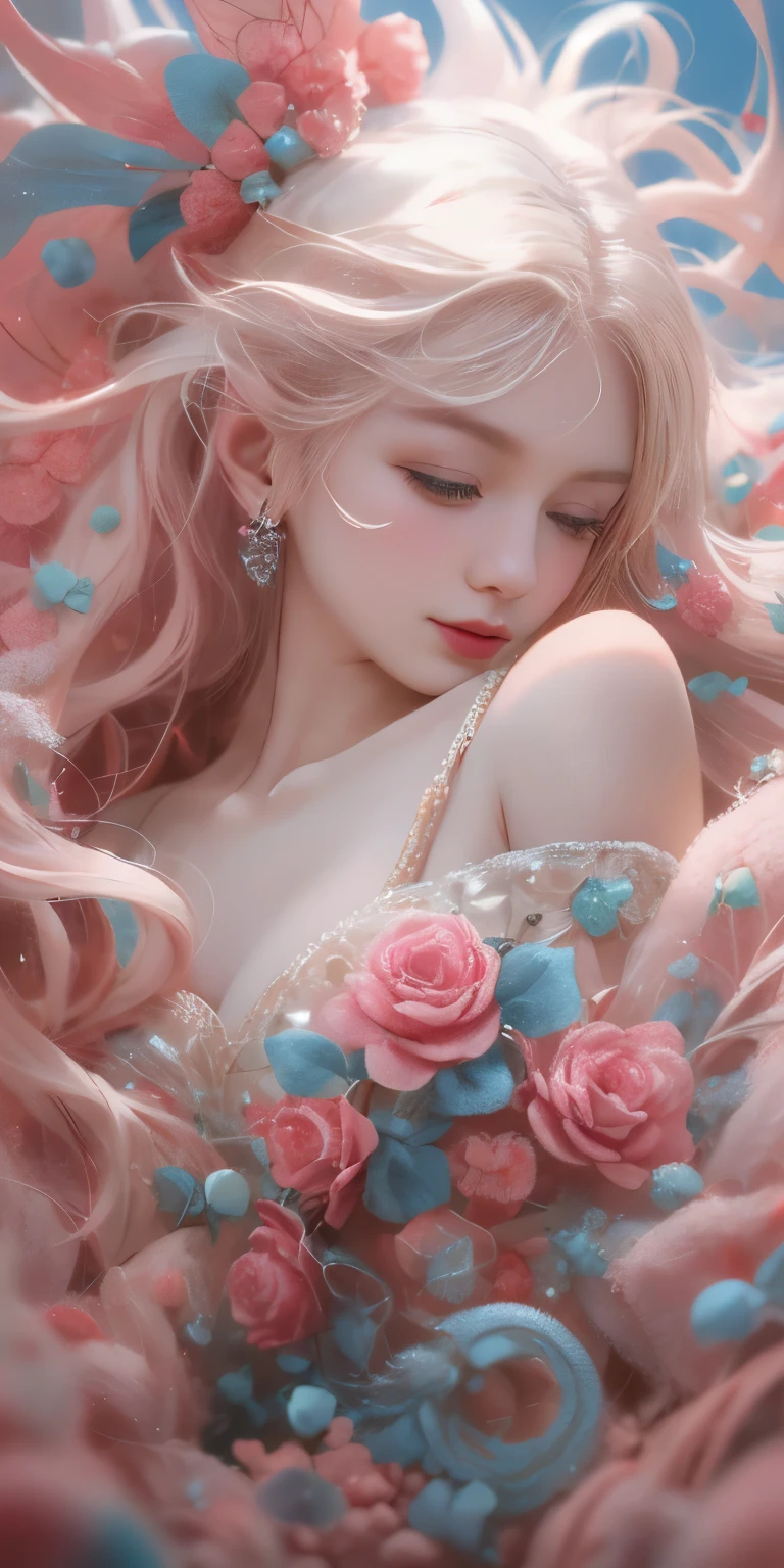 Light blue and red color scheme, nipple,little body,,White curly hair, high detail, best quality, supper detail, detail eyes, 5/6 body, pink pussy, sleeping