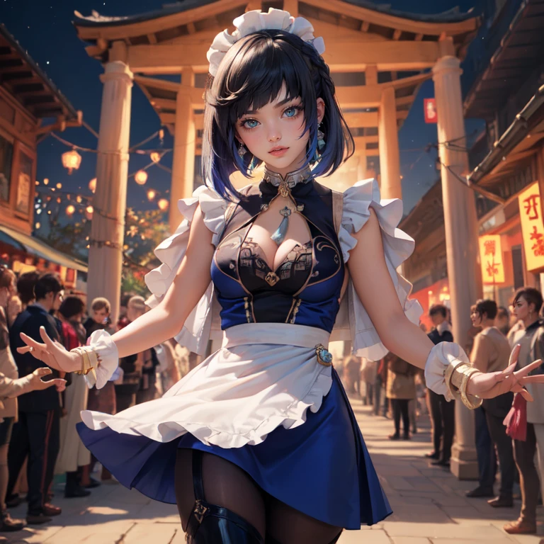 1girl, white roses, ornament hair, white roses on her hair, perfectly body, perfectly hands, navy hair, short hair, wave hair, ornament hair, chinese lanterns, festival with fireworks, garden scenery, Looking at the viewer, flowing hair, Beautiful Eyes, Plump and glossy lips, maid, maid dress, maid headdress, maid apron, white dress with too many frills, navy dress, navy laces, navy Short skirt, Drape clothes, navy gem, frills, temple, luxury details, gold jewelry, more details, best quality, Big sparkling eyes, blushing, navy Striped Lace Stockings, navy ta skirt, sparkle, solo, centered girl, cowboy shot, perfectly body, perfectly hands, two arms, two legs, two hands, five fingers, shrine, chinese temple, perfect anatomy, glowing hair, white roses, maid, maid dress, dress, solo, flowing hair, floating hair, ornament hair, perfectly body, perfectly hands, on the shrine, sparkles, more details on her clothes, white dress with transparency, golden details on her dress, night, temple, Best quality, cleavage, small skirt, full Body, two arms, two legs, two hands, five fingers