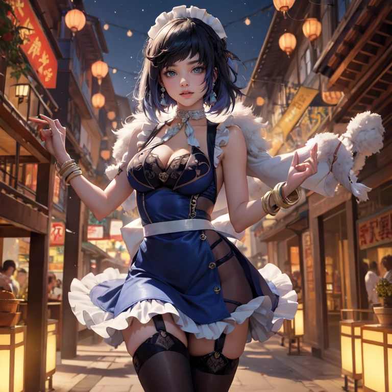 1girl, white roses, ornament hair, white roses on her hair, perfectly body, perfectly hands, navy hair, short hair, wave hair, ornament hair, chinese lanterns, festival with fireworks, garden scenery, Looking at the viewer, flowing hair, Beautiful Eyes, Plump and glossy lips, maid, maid dress, maid headdress, maid apron, white dress with too many frills, navy dress, navy laces, navy Short skirt, Drape clothes, navy gem, frills, temple, luxury details, gold jewelry, more details, best quality, Big sparkling eyes, blushing, navy Striped Lace Stockings, navy Lolita skirt, sparkle, solo, centered girl, cowboy shot, perfectly body, perfectly hands, two arms, two legs, two hands, five fingers, shrine, chinese temple, perfect anatomy, glowing hair, white roses, maid, maid dress, dress, solo, flowing hair, floating hair, ornament hair, perfectly body, perfectly hands, on the shrine, sparkles, more details on her clothes, white dress with transparency, golden details on her dress, night, temple, Best quality, cleavage, small skirt, full Body, two arms, two legs, two hands, five fingers