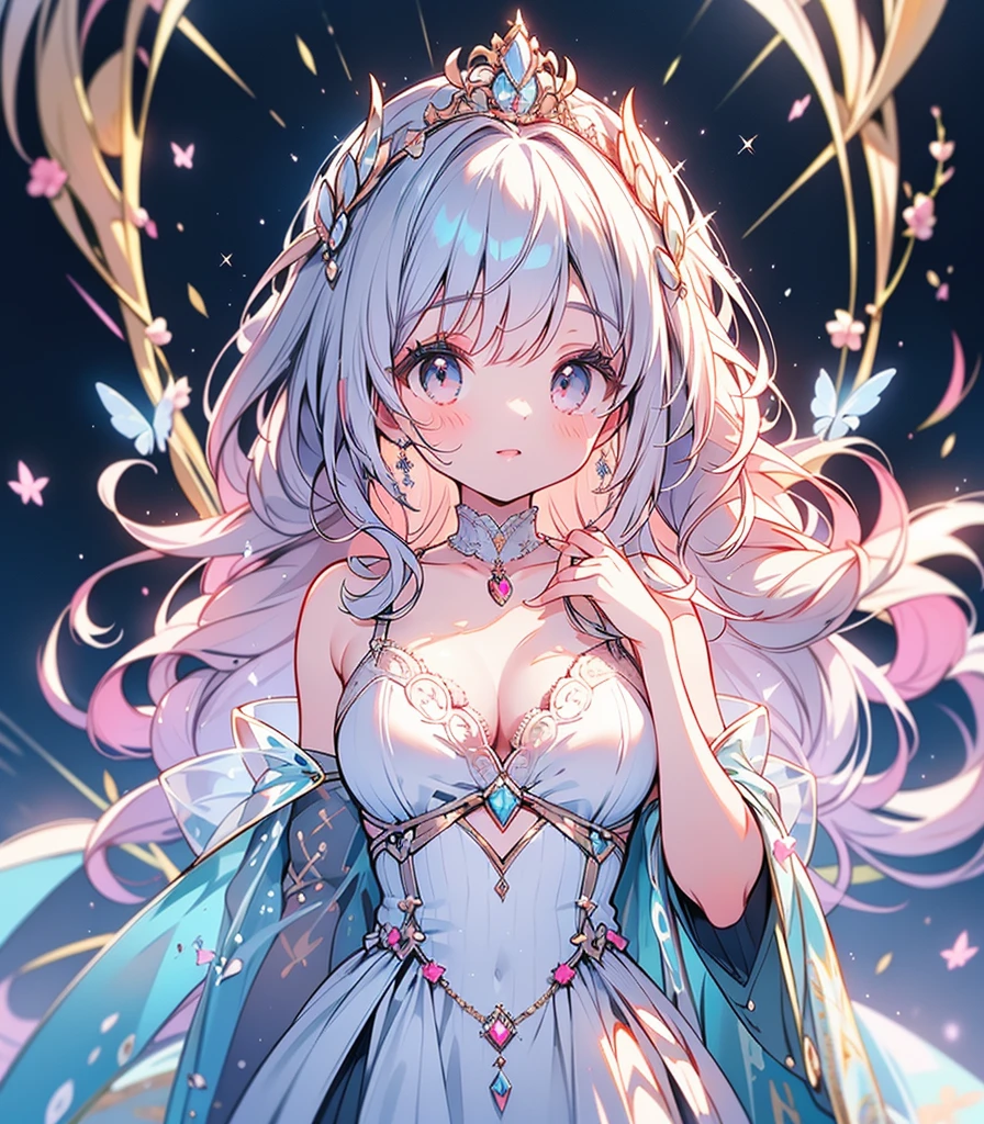 (Exquisite, beautiful, Very detailed, masterpiece, High resolution,high quality,High resolution),(Well-formed face,Soft and thin lines: 1.2, beautiful, Delicate and vivid illustrations with a mature and clear feel) , A beautiful, A young fairy princess with butterfly-like wings flies in the air、Flying over an old European town on a crescent moon night。. Looking in the direction of the camera on a beautiful, Dark moonlit night. A beautiful, Big Crescent Moon, performer, shooting performer, and shooting performer.,(She has beautiful, Wearing a tiara, Earrings and chokers.), She smiles shyly.,She is wearing a beautiful black and silver ball gown dress decorated with jewels, ribbon, Ruffles and lace, and has beautiful fairy shoes.,(blushing with embarrassment,Pale pink cheeks, beautiful medium length silver hair, Plump pink lips, Fair skin, Large bust, And a nice body.),Vivid and striking colors,From a short distance,A dreamy and cute atmosphere