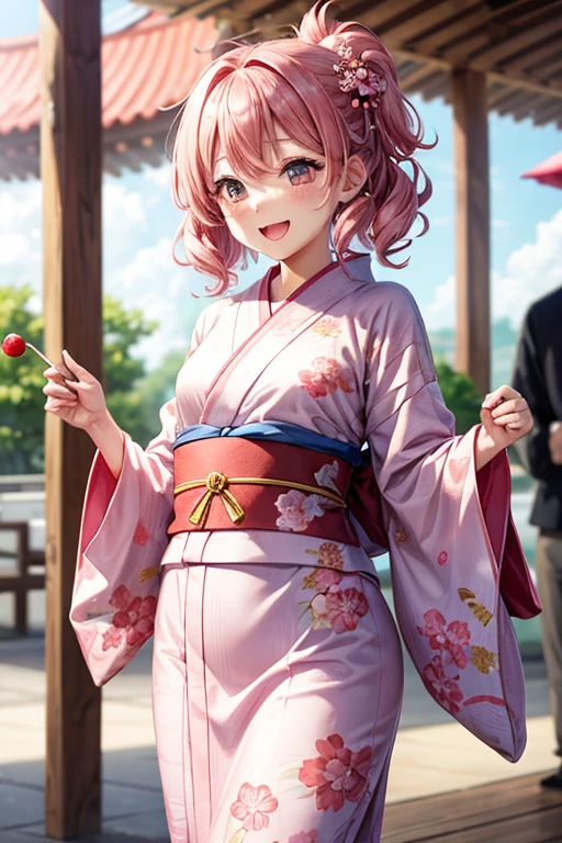 A woman wearing a yukata,hair_pink,Medium Hair,お団子のhair型,hair飾り,巻きhair,pinkの目,pinkの浴衣_Floral,laughing,Mouth wide open,A very happy smile,Happy look,I have apple candy,Summer festival,firework,blush,Small ,,clear,,flat chest