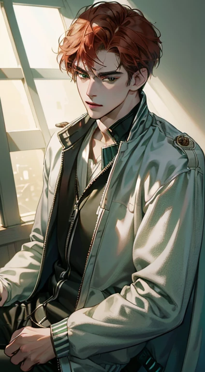 (best quality, masterpiece, 8K, photorealistic, cinematic lighting, 1:4 hdr image, ultra detailed, beautiful image), a mature man, 34 years very handsome, ((cold expression)), short red hair, green eyes, face perfect without mistakes, ((buttoning his jacket, CEO))