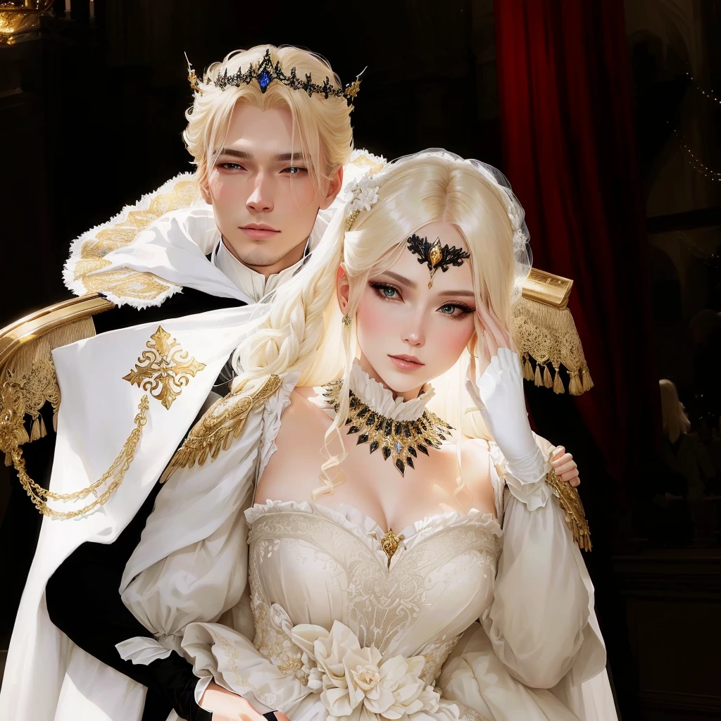 blond haired woman in white dress and man in black and gold costume, imperial royal elegant clothing, wlop and sakimichan, sakimichan and frank franzzeta, wearing fantasy formal clothing, both wearing victorian clothes, gothic regal, gregoire and manon, beautiful androgynous prince, tuomas korpi and wlop, majesty in noble clothes
