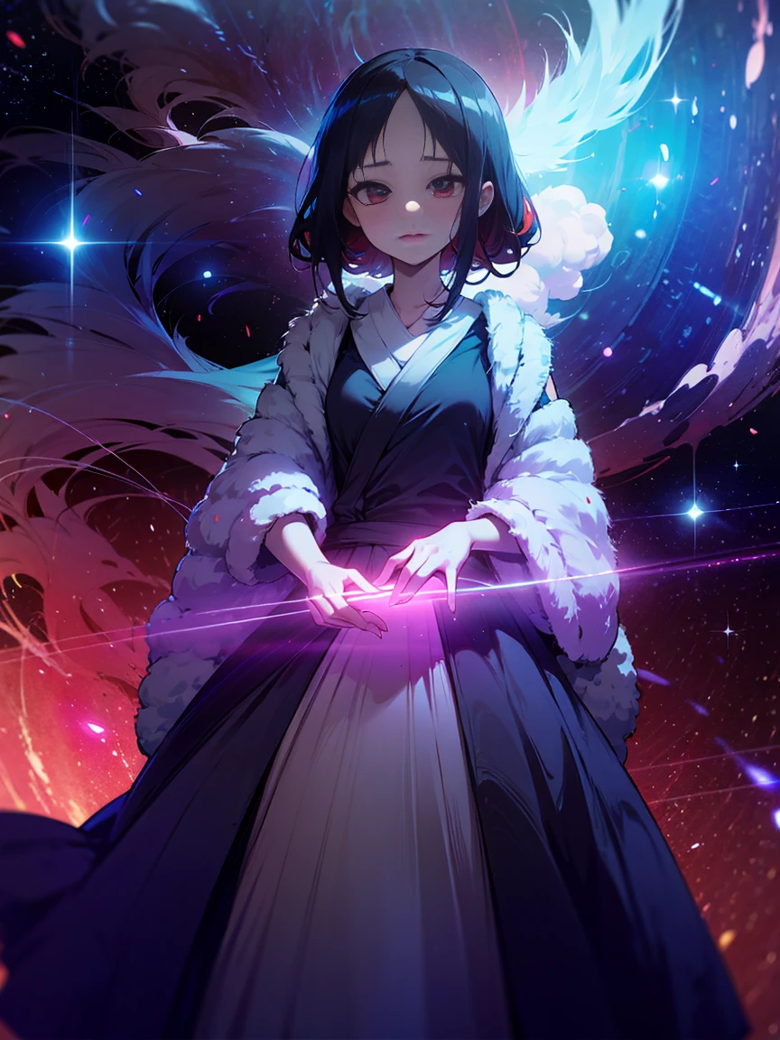 bioluminescent shiny glow, beautiful girl in flowing ballgown dress, galaxy style dress, galaxy glow, sparkling, ethereal, fluffy flowing hair, silky glistening iridescent raven hair, kaguya shinomiya, 4k, perfect illustration