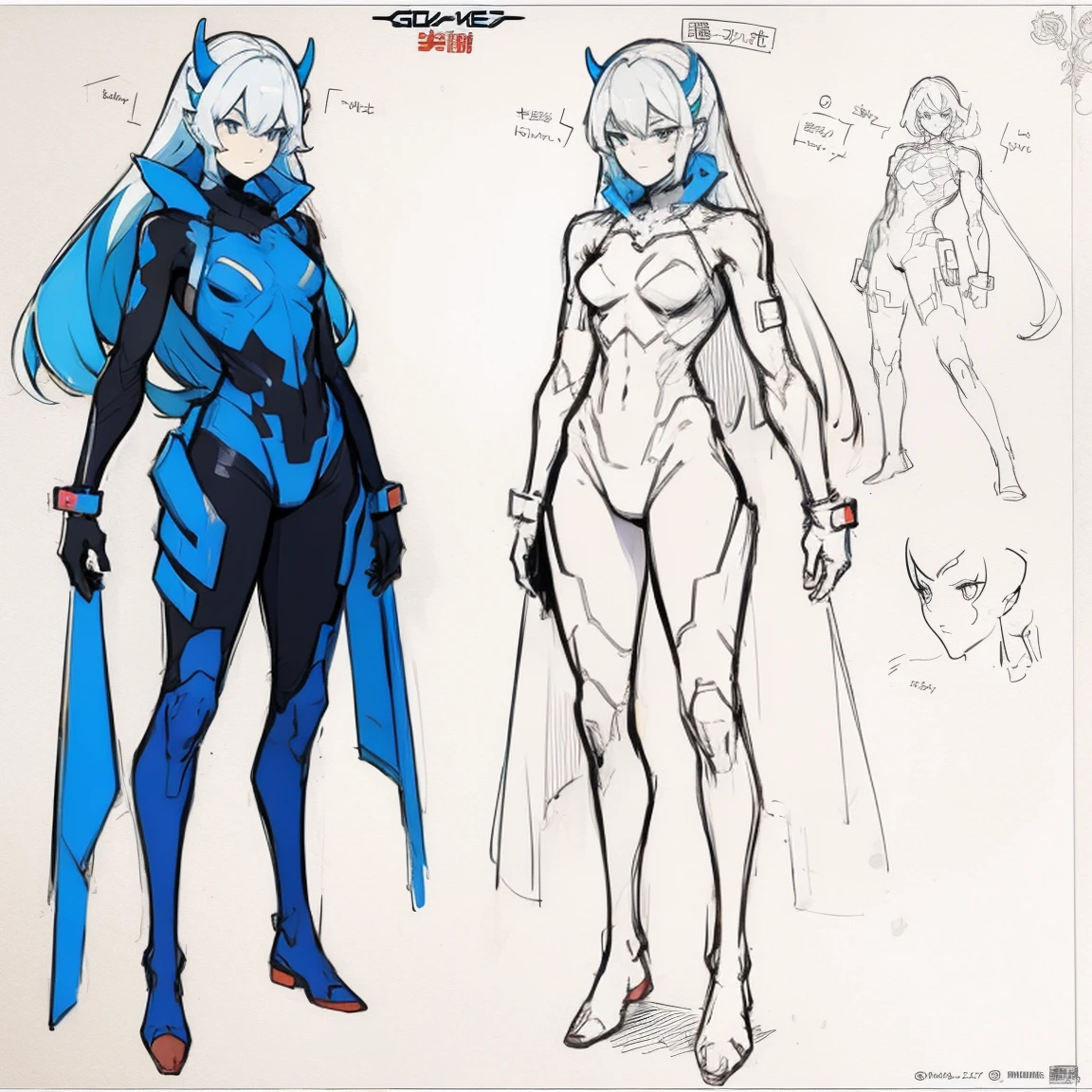 (((full body photo))), red blue and white color, femboy wearing a lightly armoured body suit, sci-fi themes, chest armour, gundam, best quality, arte oficial, Sketch line diagram, eye blue, front view, back view, and side view of character, long hair