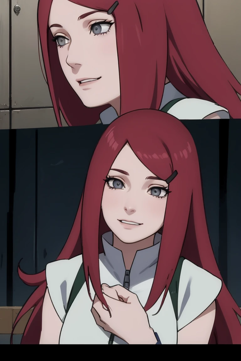 {-erro_de_anatomia:1.0} kushina, kushina, long hair, hair ornament, red hair, red head, hairclip, (grey eyes:1.5), full body, cowboy shot, BREAK indoors, BREAK (masterpiece:1.2), best quality, high resolution, unity 8k wallpaper, (illustration:0.8), (beautiful detailed eyes:1.6), extremely detailed face, perfect lighting, extremely detailed CG, (perfect hands, perfect anatomy), closing eyes in her smile