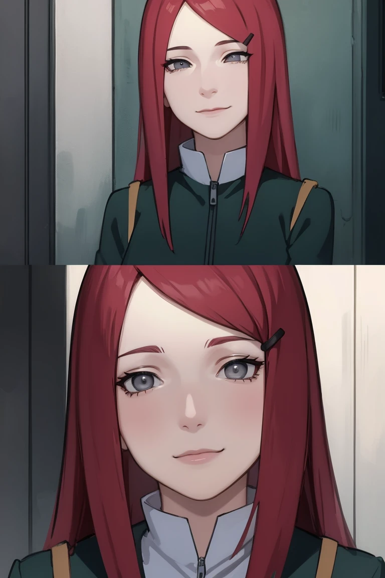 {-erro_de_anatomia:1.0} kushina, kushina, long hair, hair ornament, red hair, red head, hairclip, (grey eyes:1.5), full body, cowboy shot, BREAK indoors, BREAK (masterpiece:1.2), best quality, high resolution, unity 8k wallpaper, (illustration:0.8), (beautiful detailed eyes:1.6), extremely detailed face, perfect lighting, extremely detailed CG, (perfect hands, perfect anatomy), closing eyes in her smile