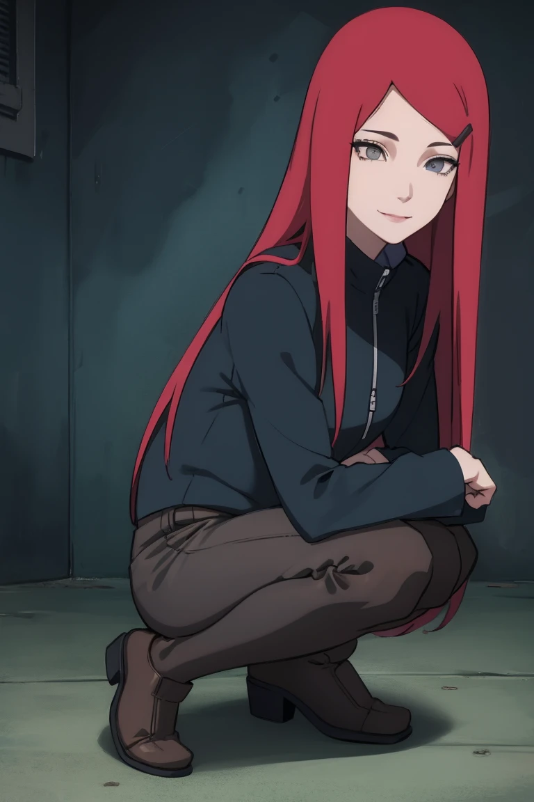 {-erro_de_anatomia:1.0} kushina, kushina, long hair, hair ornament, red hair, red head, hairclip, (grey eyes:1.5), full body, cowboy shot, BREAK indoors, BREAK (masterpiece:1.2), best quality, high resolution, unity 8k wallpaper, (illustration:0.8), (beautiful detailed eyes:1.6), extremely detailed face, perfect lighting, extremely detailed CG, (perfect hands, perfect anatomy), closing eyes in her smile