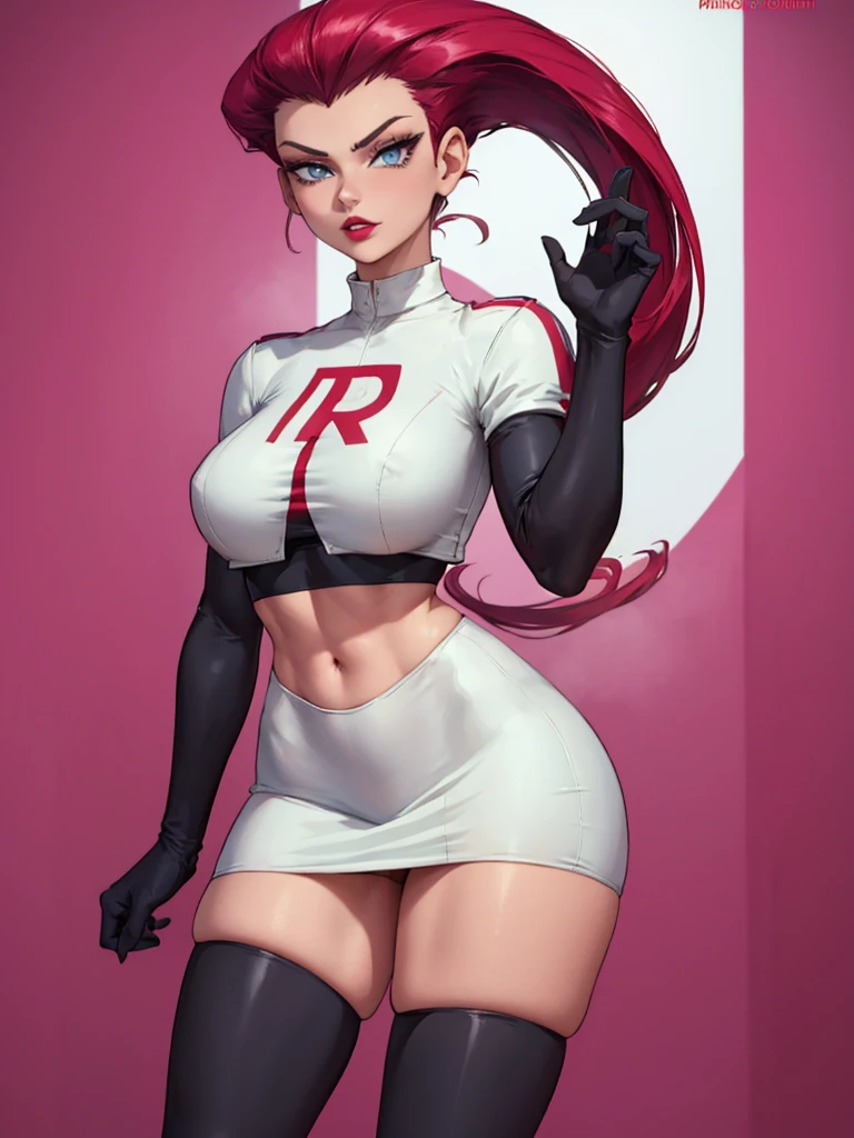 gorgeous girl in sexy standing, ((hair slicked back, long hair,)), large blue eyes, red lip gloss, perfect body, team rocket ,team rocket uniform ,white skirt,crop top,thighhighs,elbow gloves, masterpiece, highres, ((plain background:1.3))