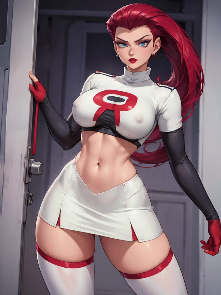 gorgeous girl in sexy standing, ((hair slicked back, long hair,)), large blue eyes, red lip gloss, perfect body, team rocket ,team rocket uniform ,white skirt,crop top,thighhighs,elbow gloves, masterpiece, highres, ((plain background:1.3))
