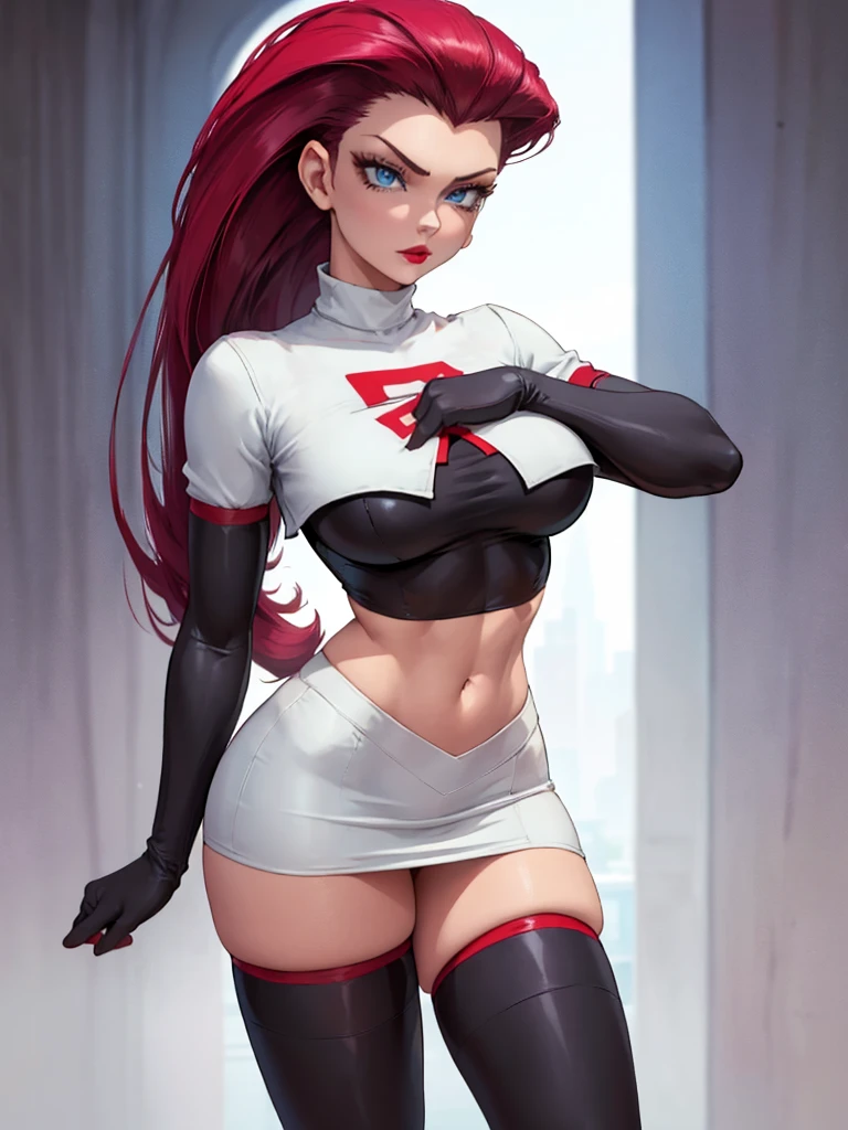 gorgeous girl in sexy standing, ((hair slicked back, long hair,)), large blue eyes, red lip gloss, perfect body, team rocket ,team rocket uniform ,white skirt,crop top,thighhighs,elbow gloves, masterpiece, highres, ((plain background:1.3))