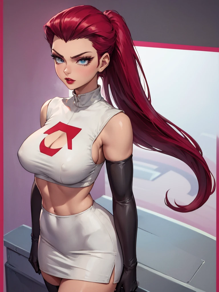 gorgeous girl in sexy standing, ((hair slicked back, long hair,)), large blue eyes, red lip gloss, perfect body, team rocket ,team rocket uniform ,white skirt,crop top,thighhighs,elbow gloves, masterpiece, highres, ((plain background:1.3))
