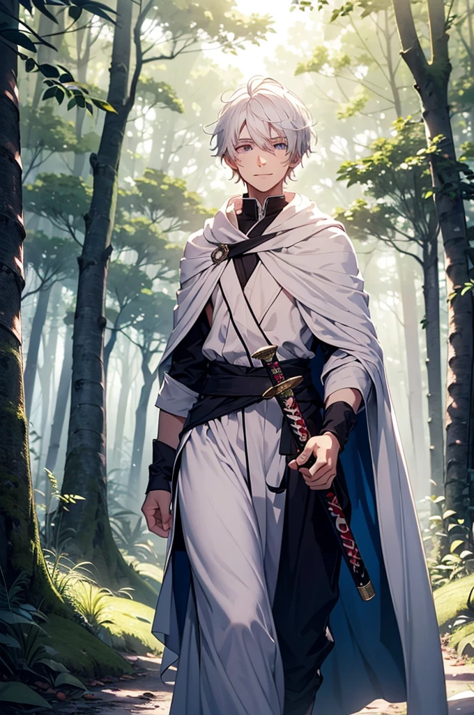 A white haired age boy in a long thin white cloak with a light pink pattern and holding a sheathed sword around his waist walking through a forest with a gentle smile on his face. lush forest, semi-dim lighting, high quality, evening, purple left eye, blue right eye, gentle smile,