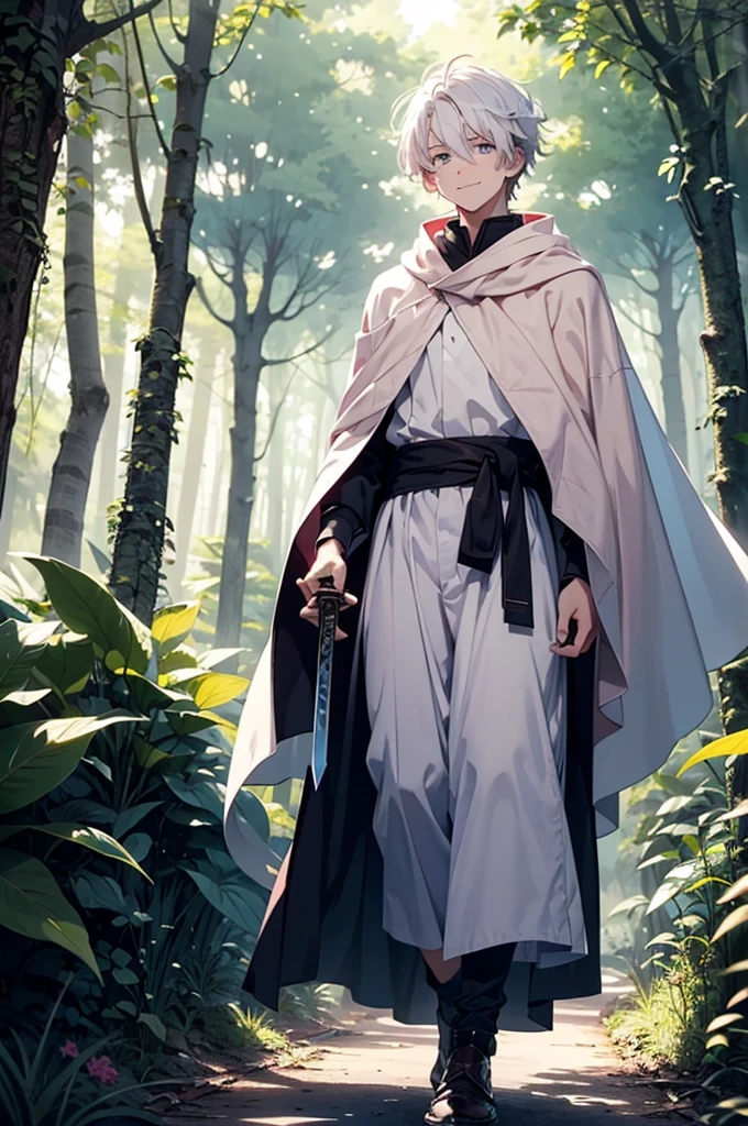 A white haired age boy in a long thin white cloak with a light pink pattern and holding a sheathed sword around his waist walking through a forest with a gentle smile on his face. lush forest, semi-dim lighting, high quality, evening, purple left eye, blue right eye, gentle smile,