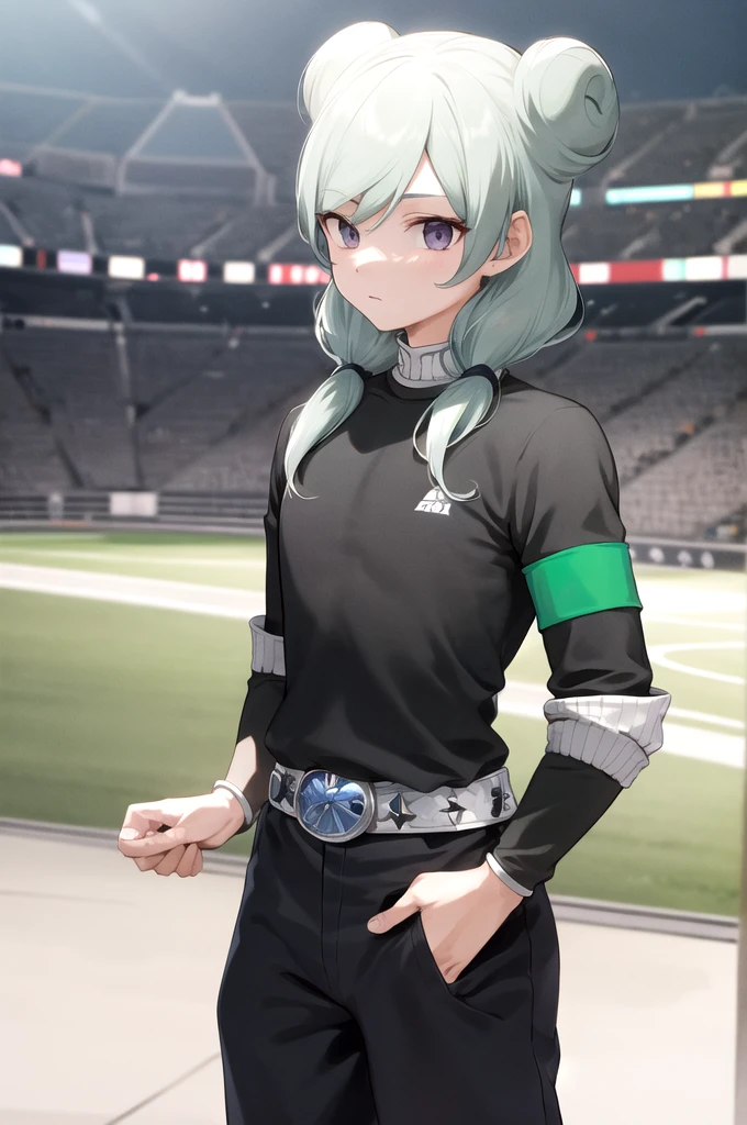 masterpiece, best quality, highres, aabeta, armband, sportswear, double bun, black shirt, belt, black pants, outdoors, cowboy shot, standing, stadium