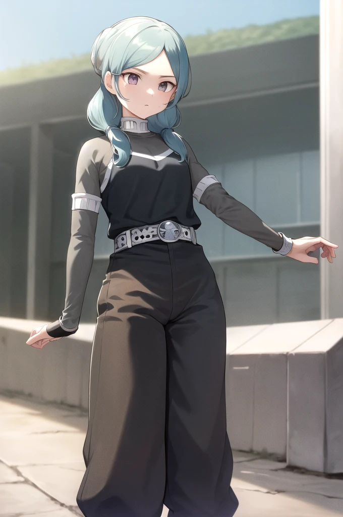 masterpiece, best quality, highres, aabeta, armband, sportswear, double bun, black shirt, belt, black pants, outdoors, cowboy shot, standing, stadium