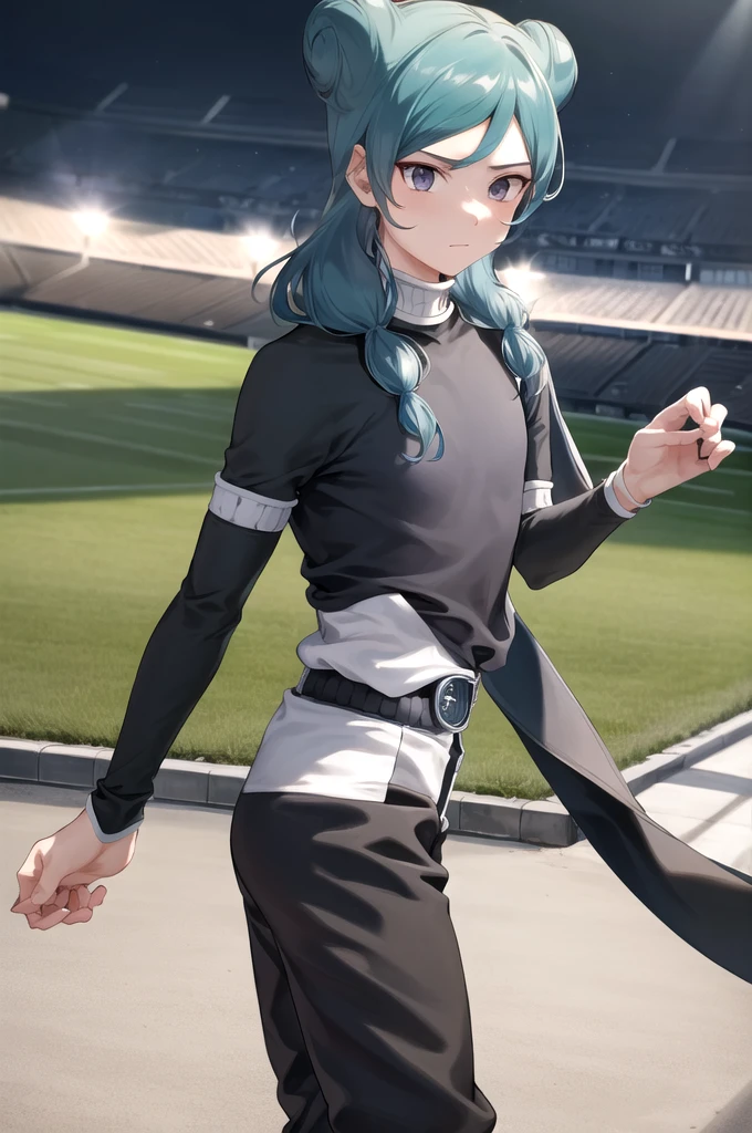 masterpiece, best quality, highres, aabeta, armband, sportswear, double bun, black shirt, belt, black pants, outdoors, cowboy shot, standing, stadium