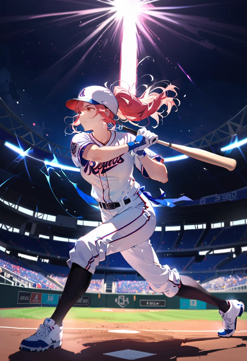 athlete,Baseball arena,Girl playing baseball,a baseball player batting, extremely detailed, 8K, studio lighting, vivid colors, dynamic action pose, detailed uniform, determined facial expression, swinging a baseball bat, playing on a baseball field, perfect composition, cinematic lighting