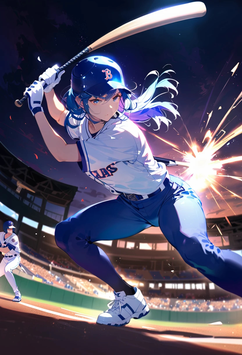 athlete,Baseball arena,Girl playing baseball,a baseball player batting, extremely detailed, 8K, studio lighting, vivid colors, dynamic action pose, detailed uniform, determined facial expression, swinging a baseball bat, playing on a baseball field, perfect composition, cinematic lighting