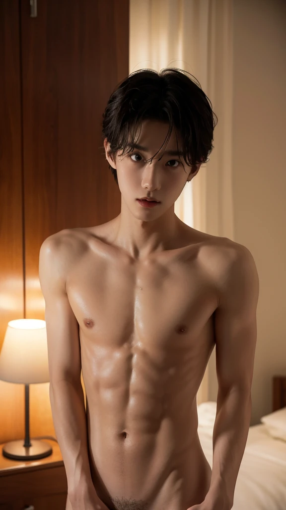 18-year-old boy, Completely naked ,Smooth skin and black hair,   Thin、Beautiful Boy、Japanese、Dark Eyes、whole body