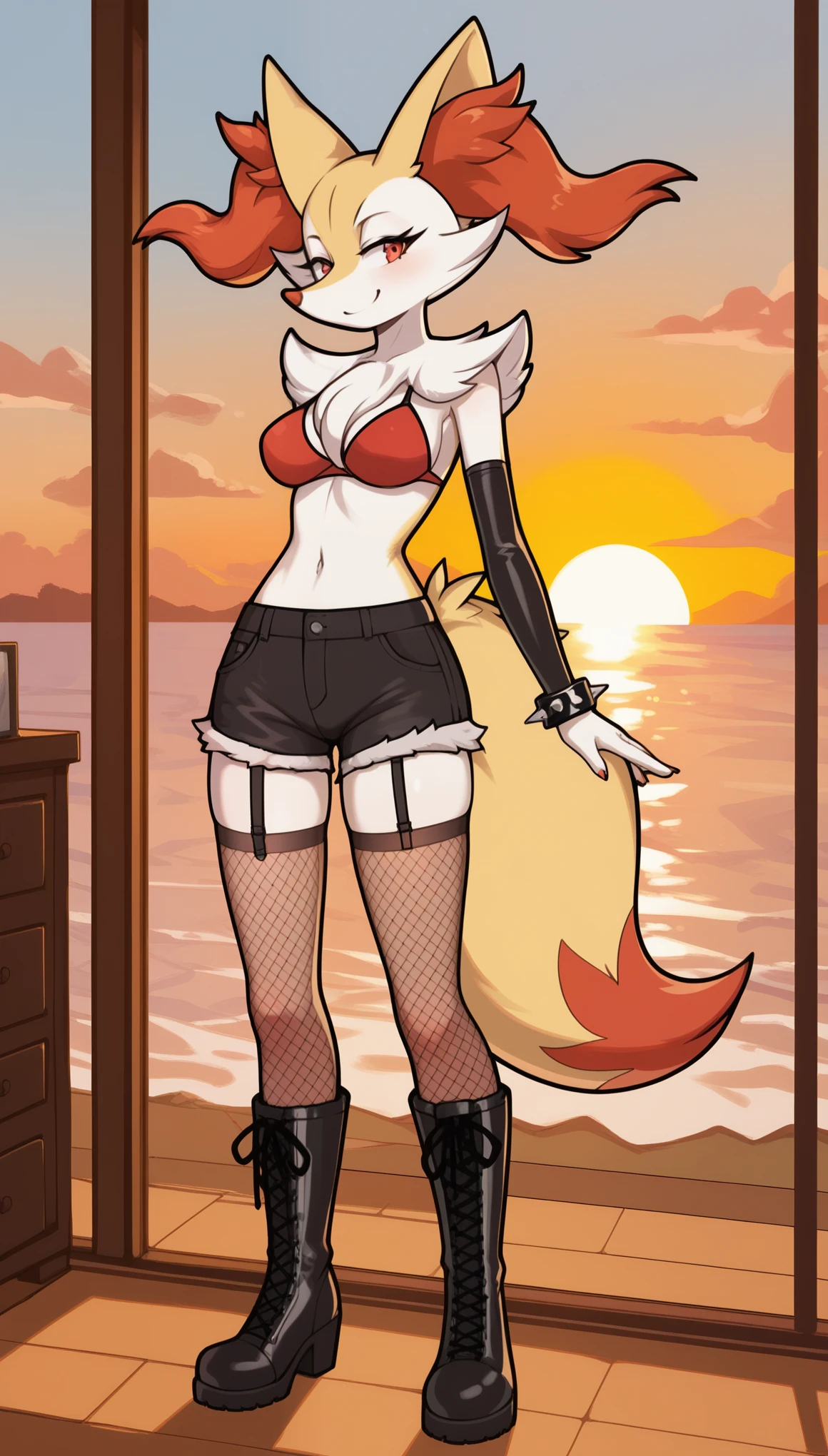 1girl, anthro, furry, fur, fluffy fur, braixen girl, Red eyes, full body, (19 years), medium breast, thicc thighs, solo, (bedroom), sunset, detailed, red bikini, shorts, Spiked wristband, fishnet armwear, fishnet stockings, black boots, smug smile, sunset, smile, standing, score_9, score_8_up, score_7_up, score_6_up, score_5_up, score_4_u