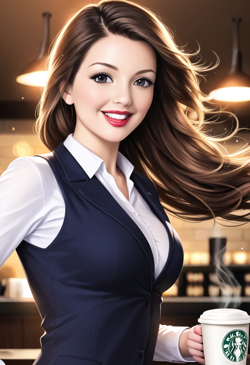 NFSW, sexly, black eye, 1woman, ****, (((woman))), 独奏, realistic,  best quality, photorealistic, masterpiece, 8K, high res, 独奏, extremely detailed face,  (professional lighting, bokeh), (light particles, lens flare, glowing particles:0.6), (dynamic pose:1.2), soft lighting, full body,  (medium breast),  (long hair), brown hair, floating hair, lips, lipstick, seductive smile, floating hair, (smile), (open_mouth), teeth, indoor、Coffee shop、Date