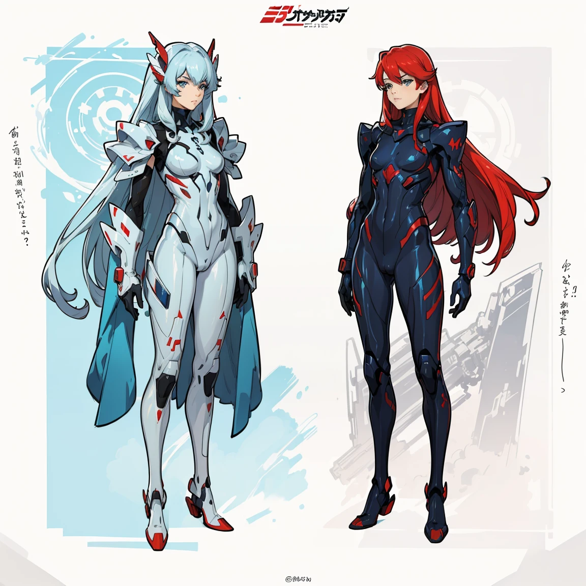 (((full body photo))), red blue and white color, femboy wearing a lightly armoured body suit, sci-fi themes, chest armour, gundam, best quality, arte oficial, Sketch line diagram, eye blue, front view, back view, and side view of character, long hair