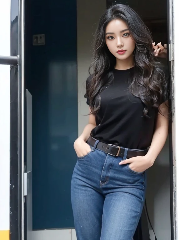 Southeast Asian Araaf woman with a round face,Posing for pictures, animation , black eyes ตาสองชั้น, black eyes, Thai anime, ponytail woman, flowing black hair, long flowing black hair, she has black hair, Her black hair was long and wavy., beautiful black hair, Extra dark natural black hair, (A pure and flawless face:), (Big eyes and makeup, Sexy wet eye makeup, The makeup and hair are beautiful and very meticulous., raw photos, 