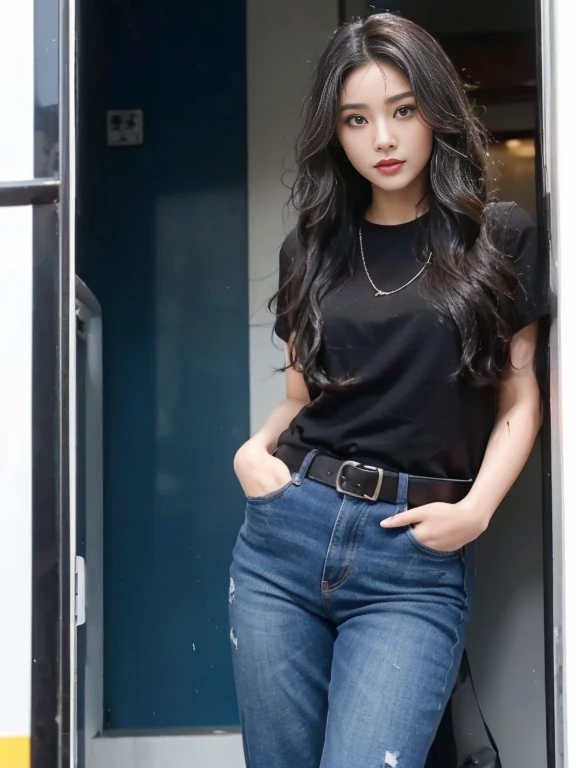 Southeast Asian Araaf woman with a round face,Posing for pictures, animation , black eyes ตาสองชั้น, black eyes, Thai anime, ponytail woman, flowing black hair, long flowing black hair, she has black hair, Her black hair was long and wavy., beautiful black hair, Extra dark natural black hair, (A pure and flawless face:), (Big eyes and makeup, Sexy wet eye makeup, The makeup and hair are beautiful and very meticulous., raw photos,