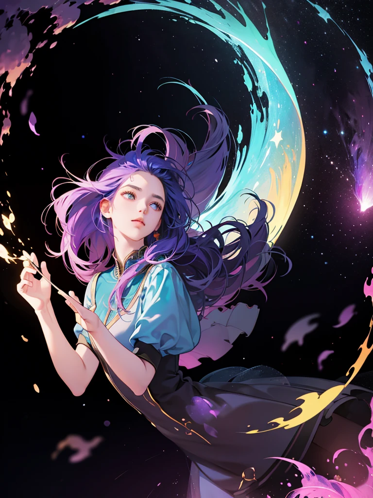 Depicting a fantastical dreamscape where a beautiful girl floats amidst the cosmos, a myriad of stars reflected in her wide, curious eyes. Drawing from the dramatic contrasts and bold colors of Alec Soth's photography, this scene seamlessly blends cartoon and 3D model art